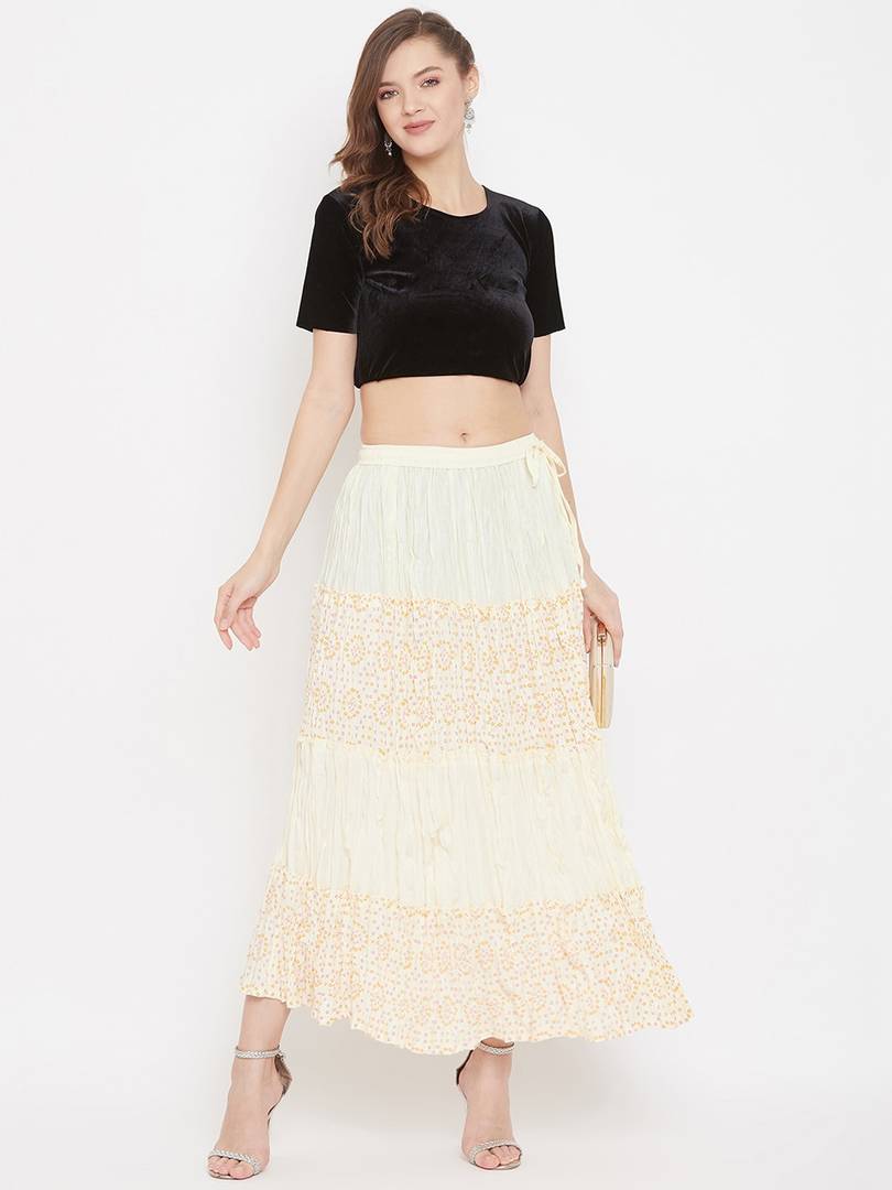 Women Cream-Coloured & Yellow Printed Flared Maxi Skirt