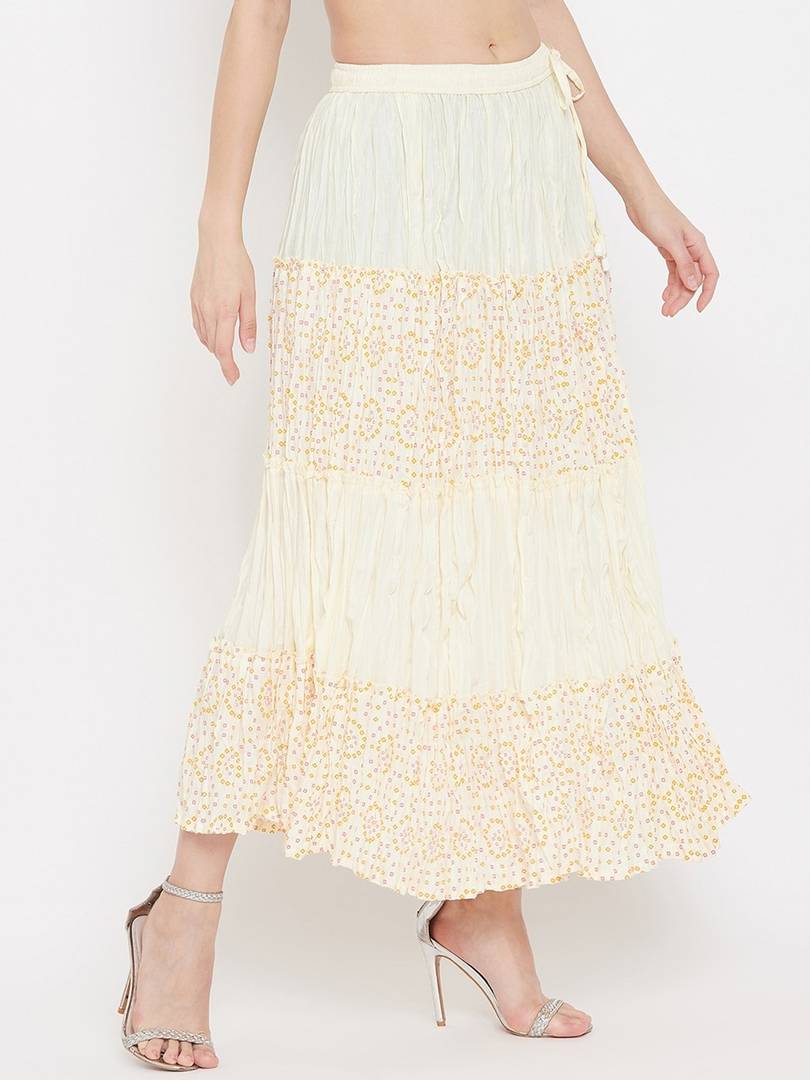 Women Cream-Coloured & Yellow Printed Flared Maxi Skirt