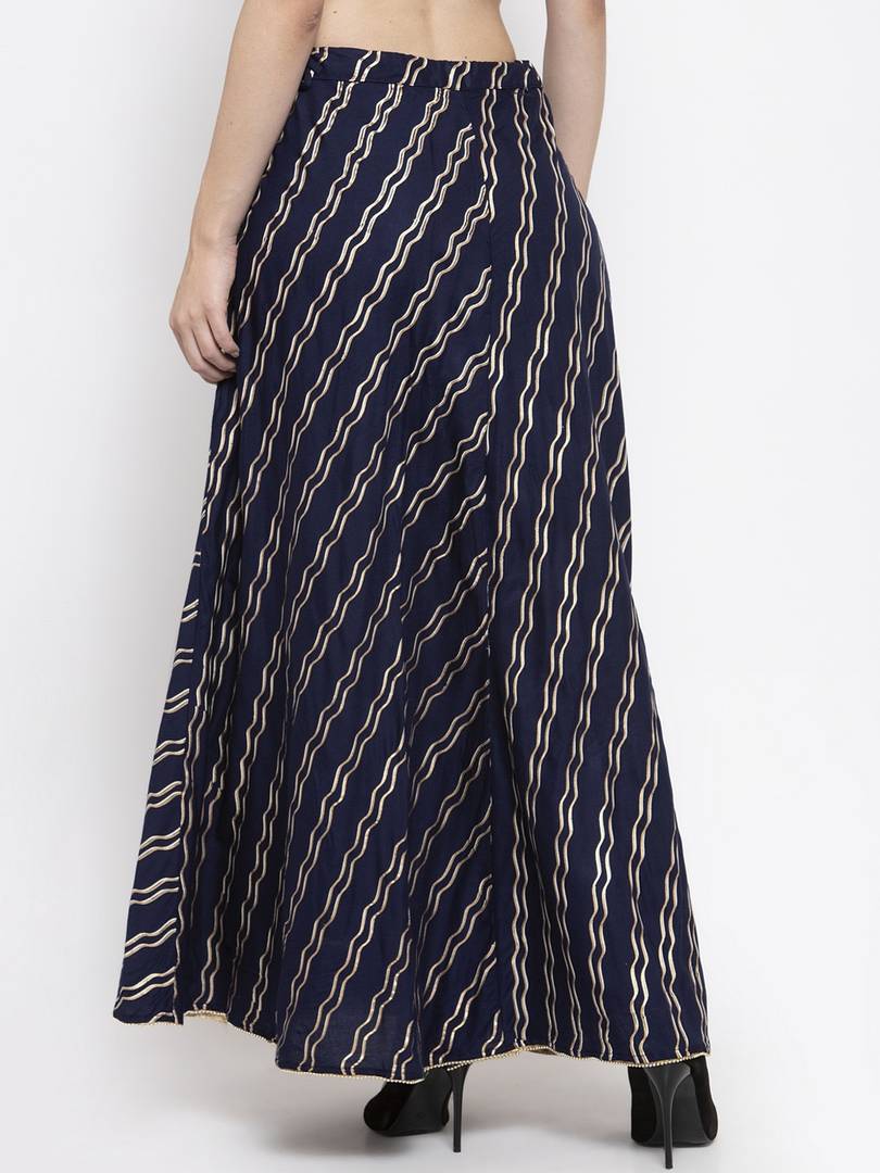 Women Navy Blue & Gold-Toned Printed Flared Maxi Skirt