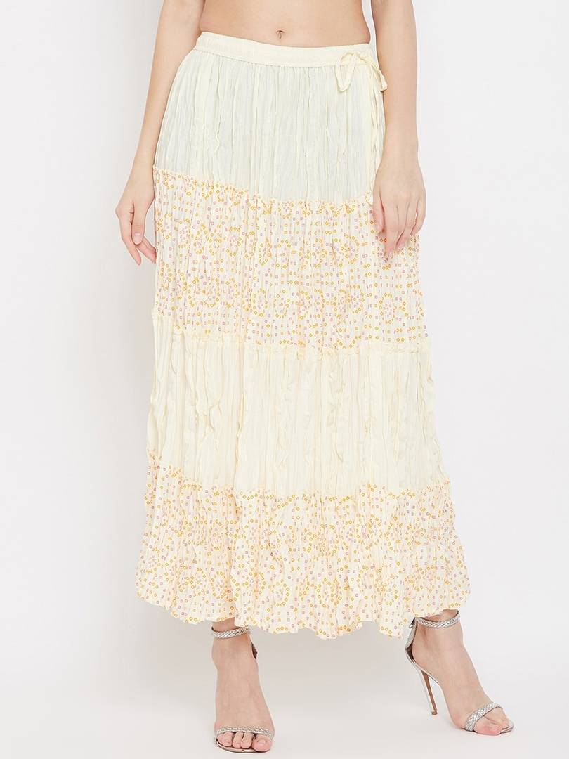 Women Cream-Coloured & Yellow Printed Flared Maxi Skirt