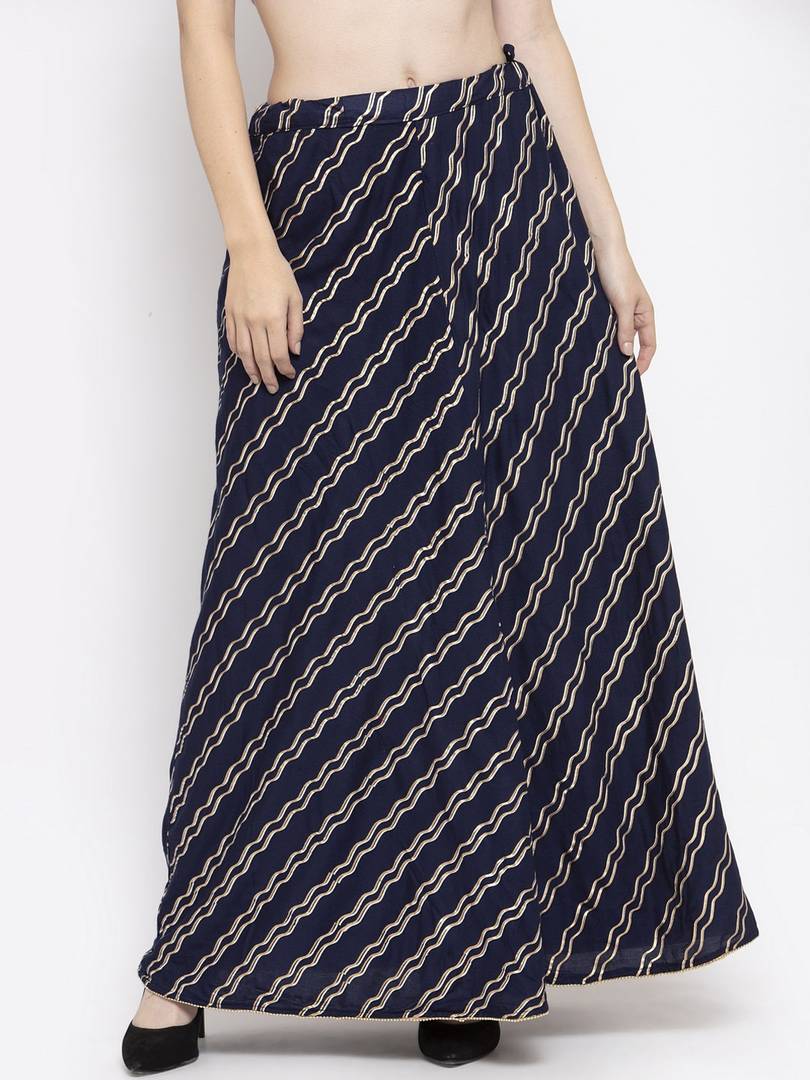 Women Navy Blue & Gold-Toned Printed Flared Maxi Skirt