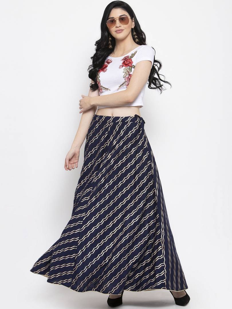 Women Navy Blue & Gold-Toned Printed Flared Maxi Skirt