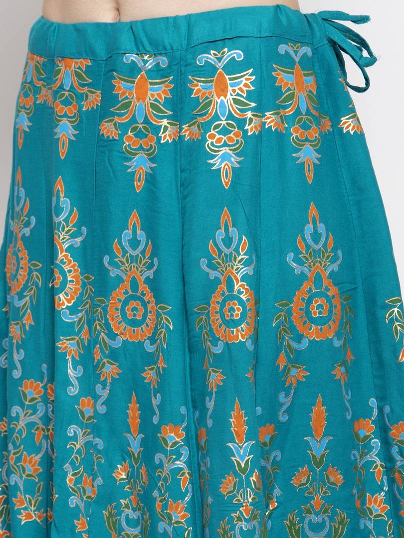 Women Turquoise Blue & Orange Printed Flared Maxi Skirt