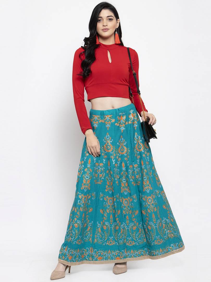 Women Turquoise Blue & Orange Printed Flared Maxi Skirt