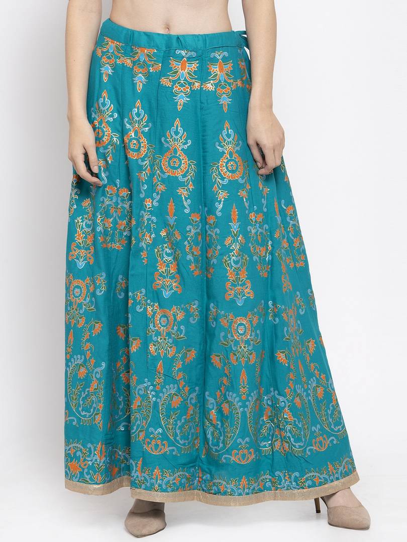 Women Turquoise Blue & Orange Printed Flared Maxi Skirt