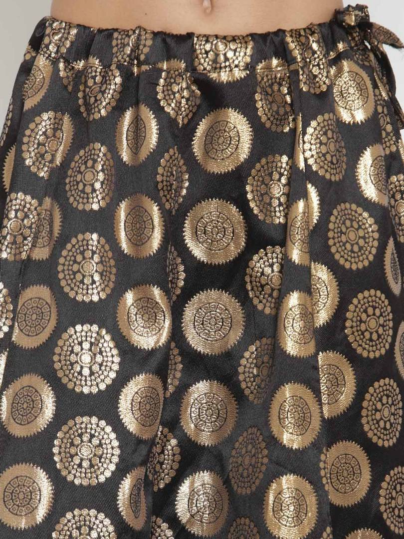 Women Black & Gold Coloured Woven Design Banarasi Silk Flared Maxi Skirt