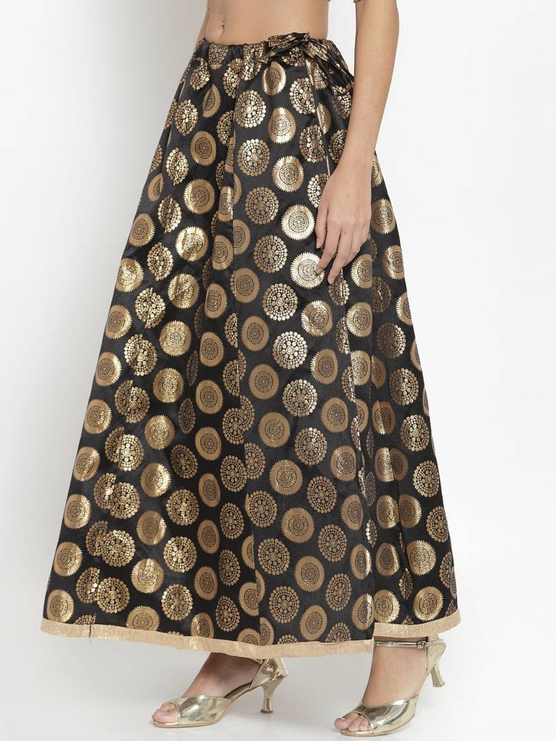 Women Black & Gold Coloured Woven Design Banarasi Silk Flared Maxi Skirt