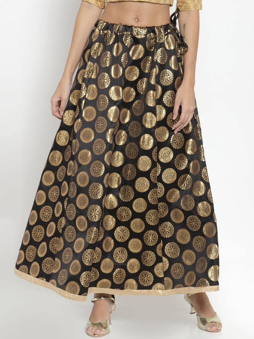 Women Black & Gold Coloured Woven Design Banarasi Silk Flared Maxi Skirt