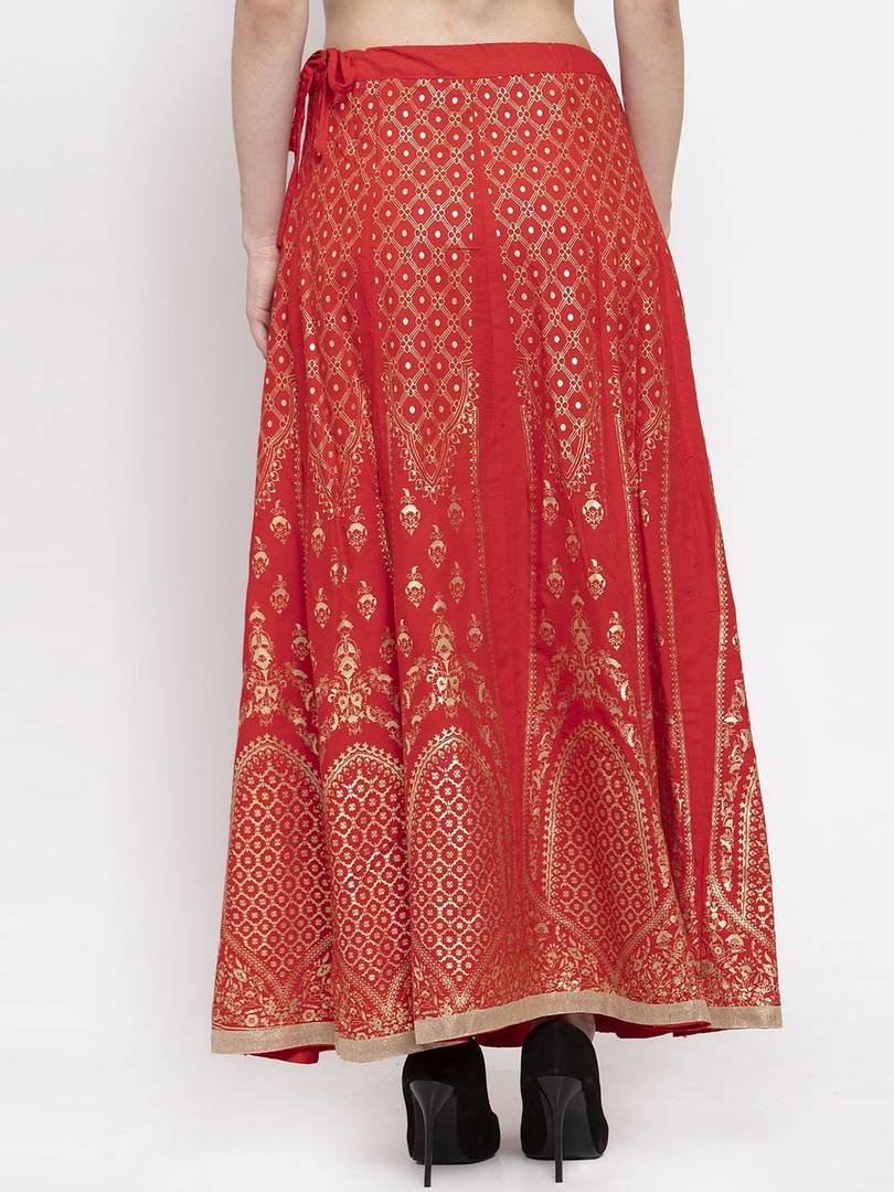 Women Red & Gold-Colour Printed Flared Maxi Skirt