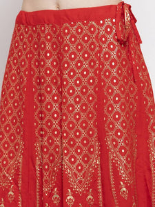Women Red & Gold-Colour Printed Flared Maxi Skirt