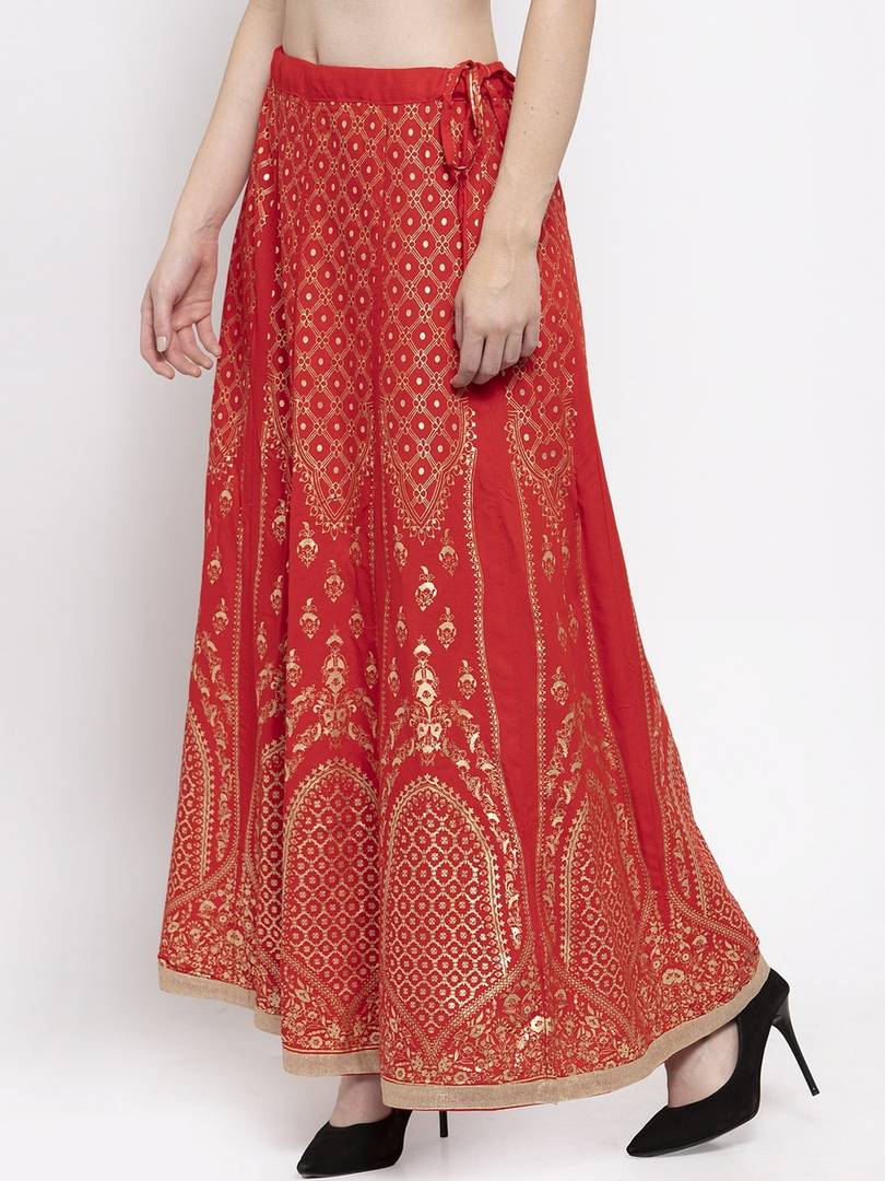 Women Red & Gold-Colour Printed Flared Maxi Skirt