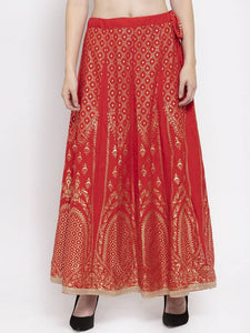 Women Red & Gold-Colour Printed Flared Maxi Skirt