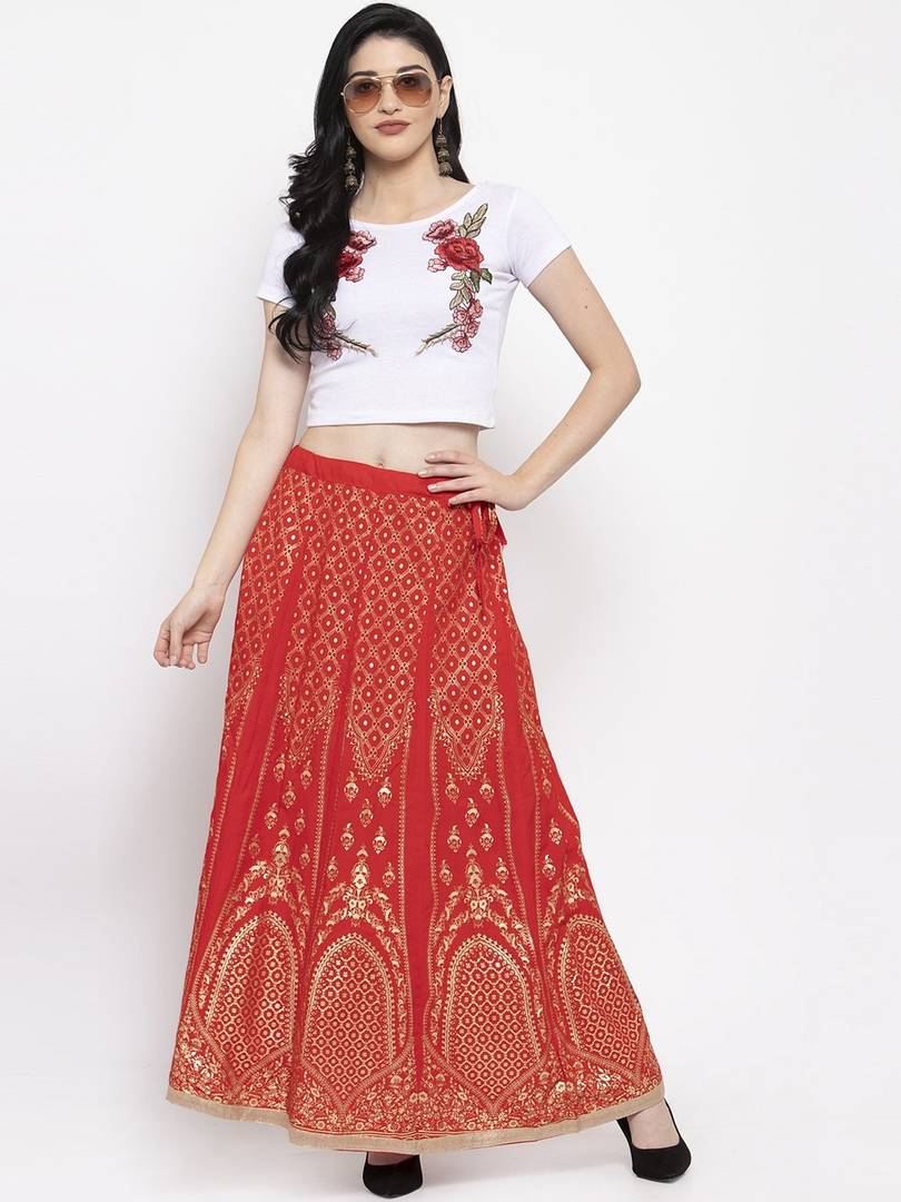 Women Red & Gold-Colour Printed Flared Maxi Skirt