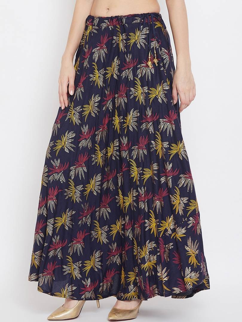 Women Navy Blue & Purple Printed Flared Maxi Skirt