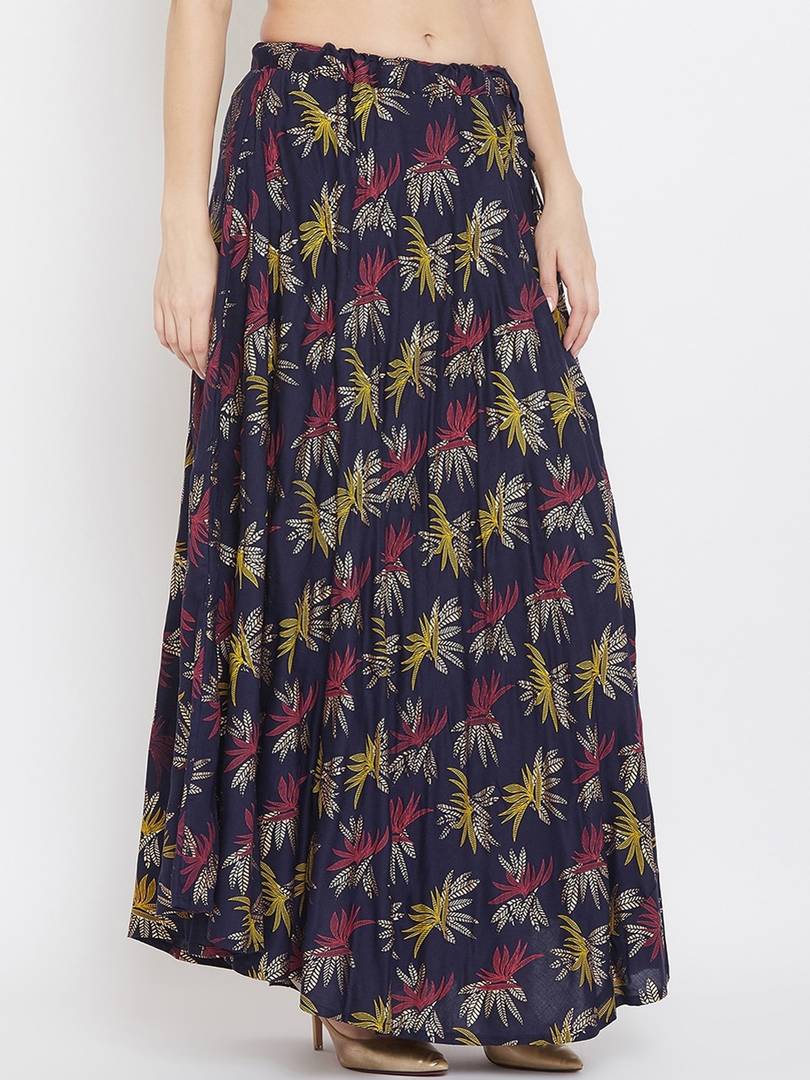 Women Navy Blue & Purple Printed Flared Maxi Skirt