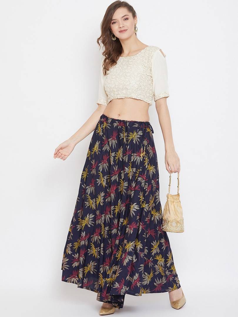 Women Navy Blue & Purple Printed Flared Maxi Skirt