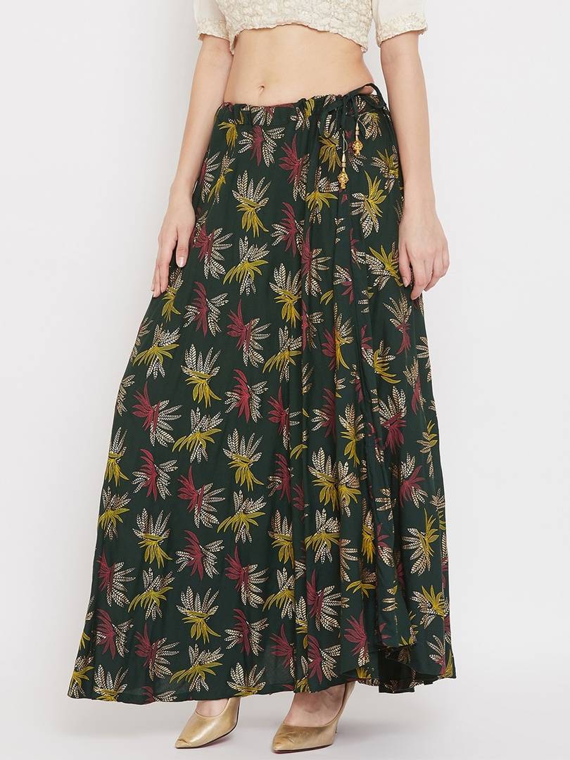 Women Green & Red Printed flared Maxi Skirt