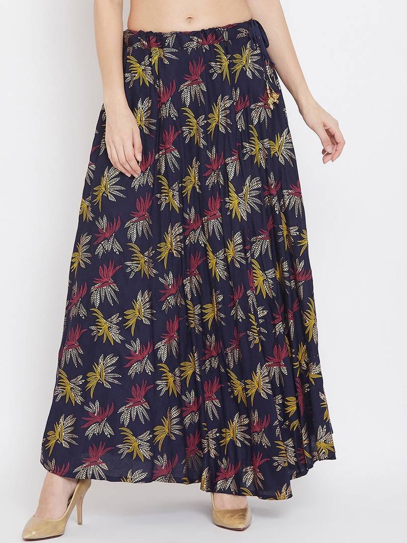 Women Navy Blue & Purple Printed Flared Maxi Skirt