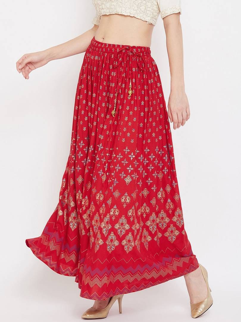 Women Red &Gold-Coloured Floral Printed Flared Maxi Skirt