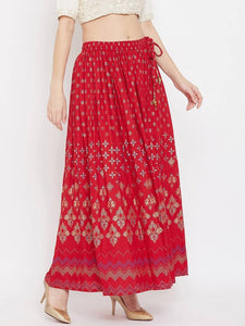 Women Red &Gold-Coloured Floral Printed Flared Maxi Skirt