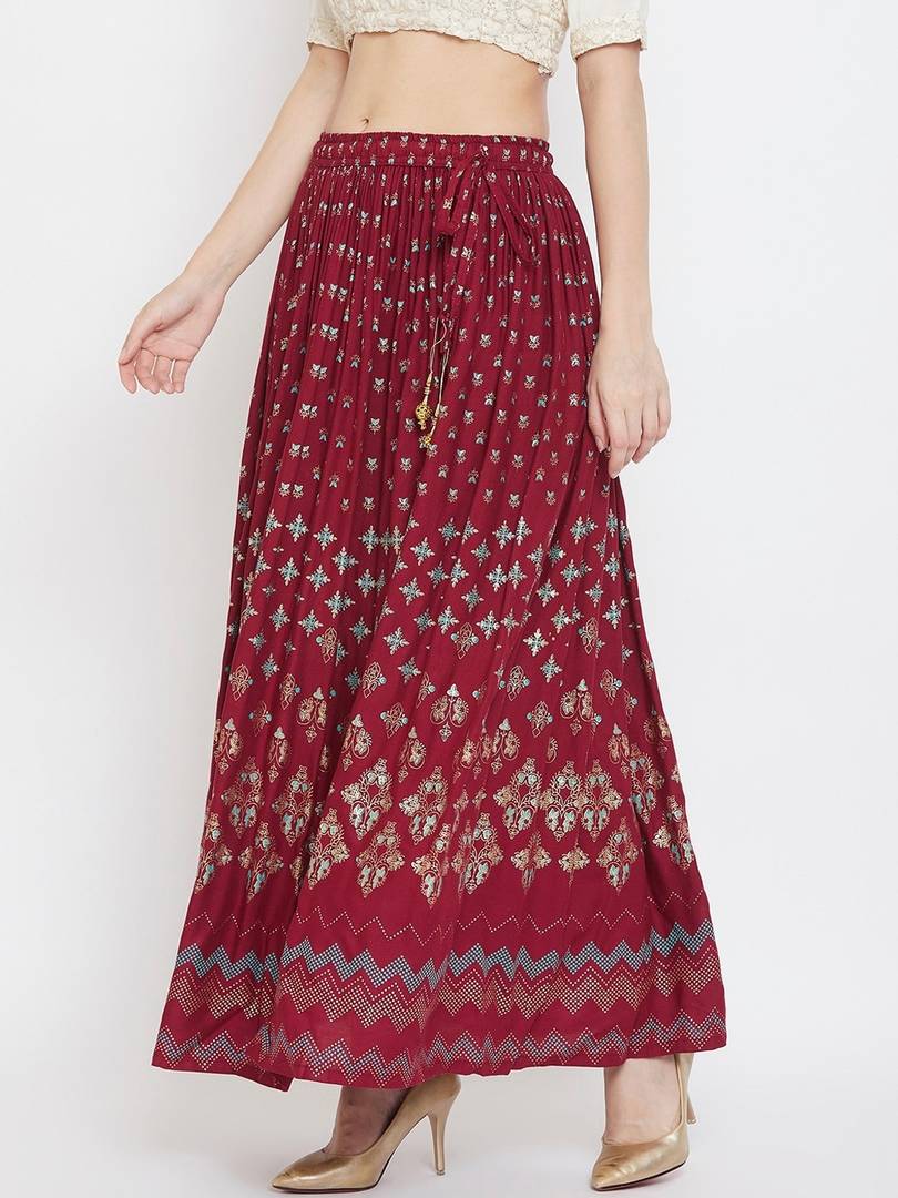 Women Maroon & Blue Printed Flared Maxi Skirt