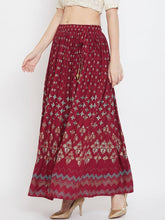 Load image into Gallery viewer, Women Maroon &amp; Blue Printed Flared Maxi Skirt