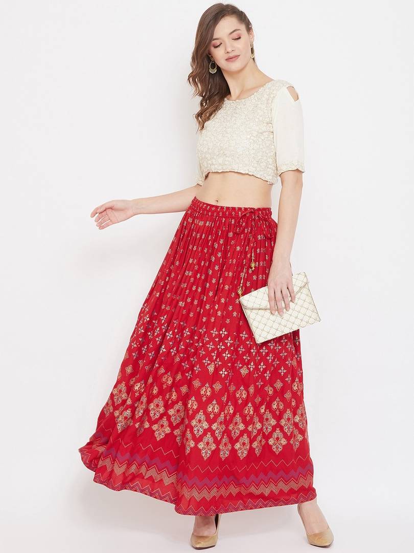 Women Red &Gold-Coloured Floral Printed Flared Maxi Skirt