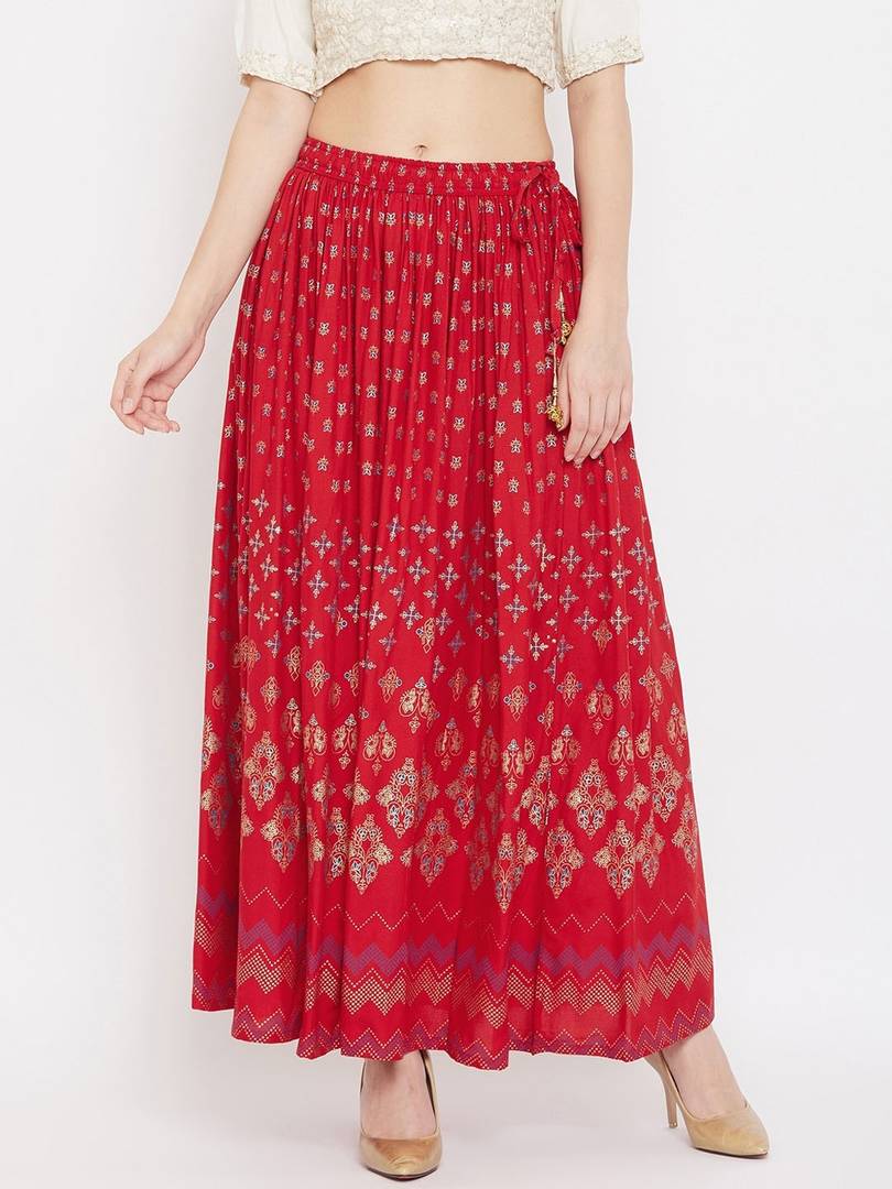 Women Red &Gold-Coloured Floral Printed Flared Maxi Skirt