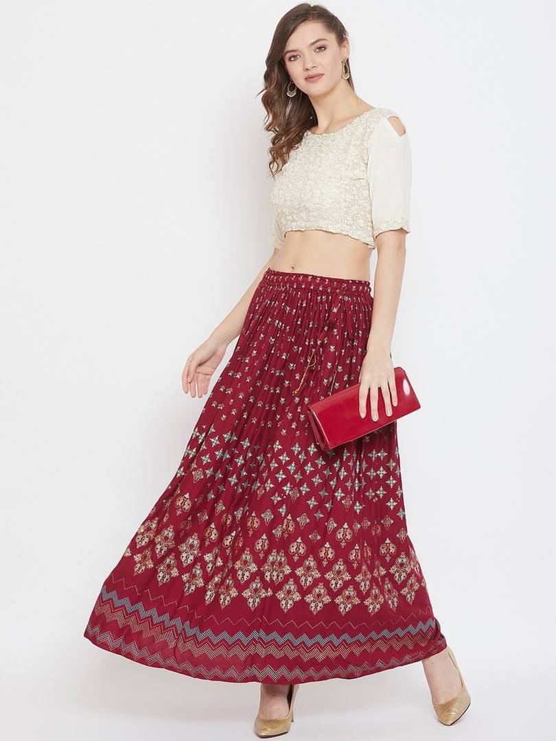 Women Maroon & Blue Printed Flared Maxi Skirt