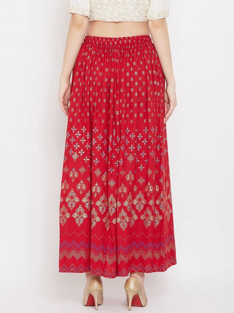 Women Red &Gold-Coloured Floral Printed Flared Maxi Skirt