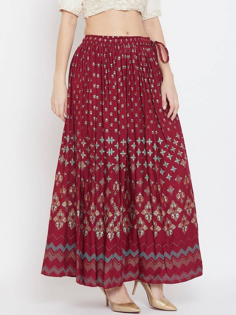 Women Maroon & Blue Printed Flared Maxi Skirt