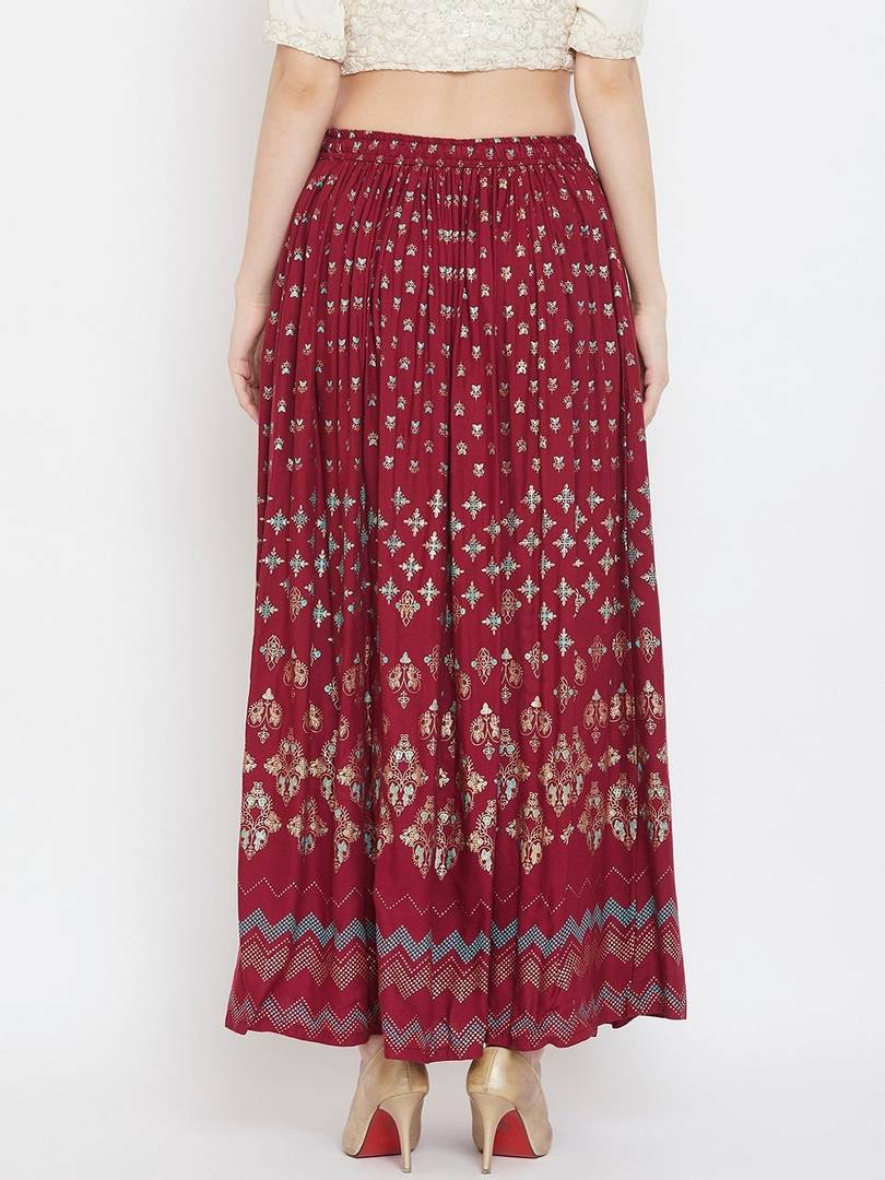 Women Maroon & Blue Printed Flared Maxi Skirt