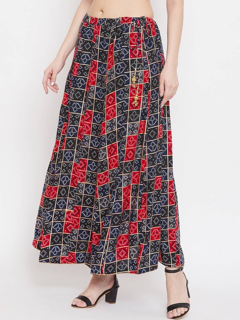 Women Navy Blue & Red Printed Flared Maxi Skirt