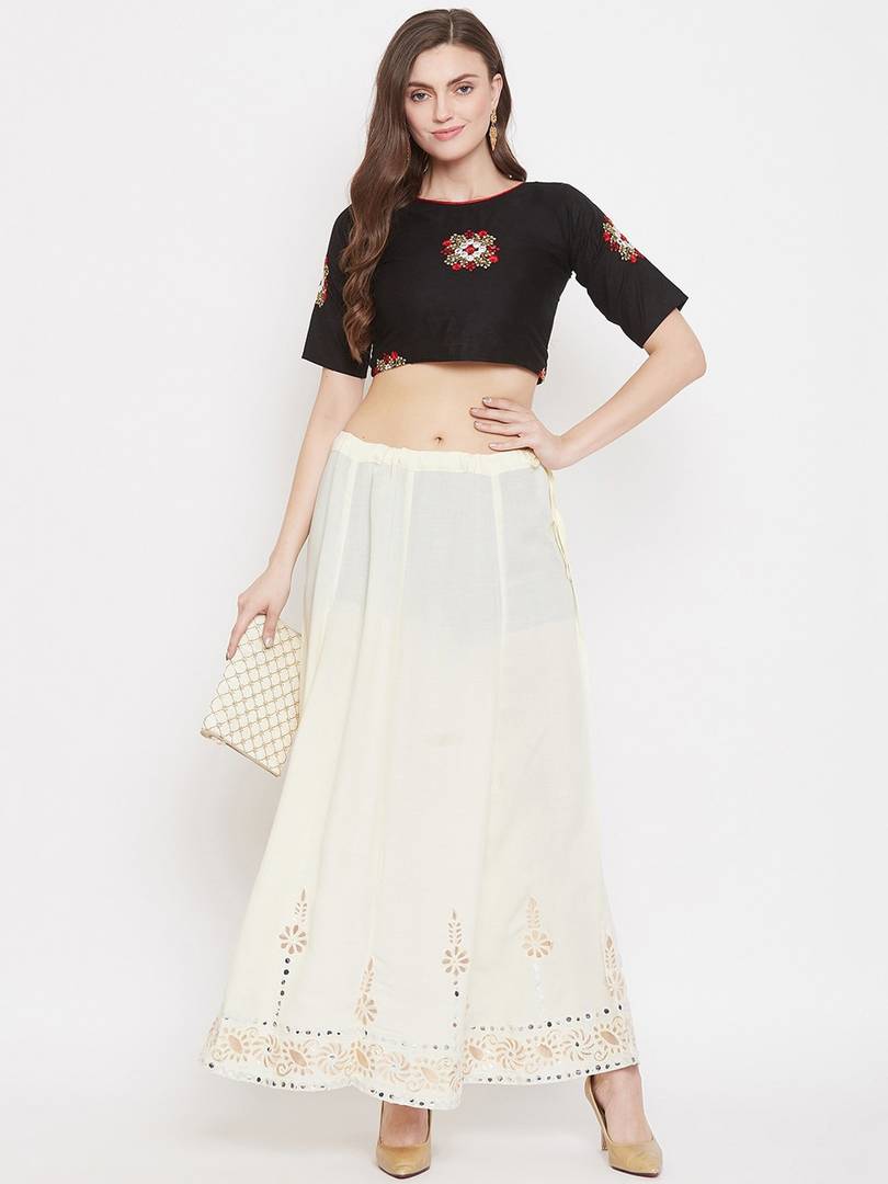 Women Cream-Coloured Embellished Flared Maxi Skirt