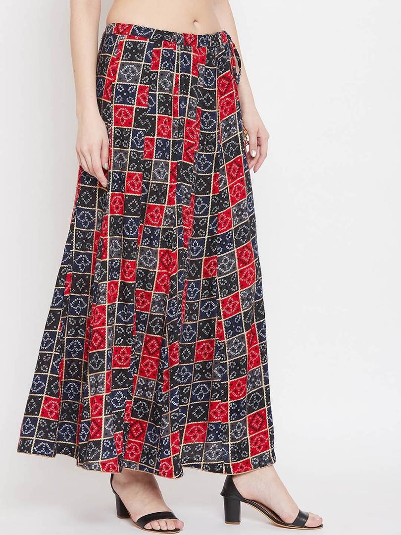 Women Navy Blue & Red Printed Flared Maxi Skirt