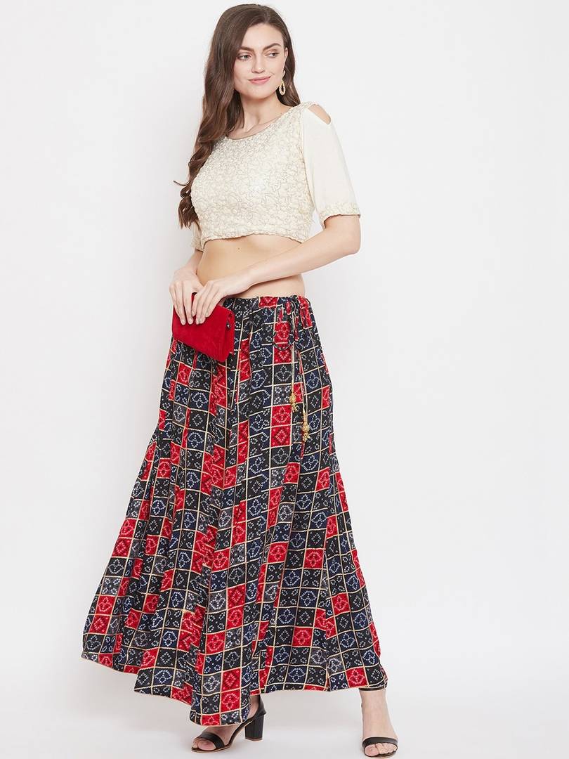 Women Navy Blue & Red Printed Flared Maxi Skirt