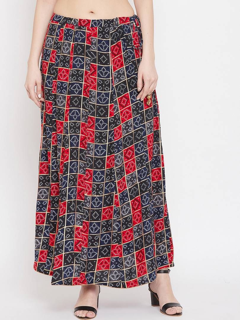 Women Navy Blue & Red Printed Flared Maxi Skirt