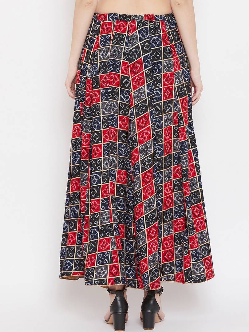 Women Navy Blue & Red Printed Flared Maxi Skirt