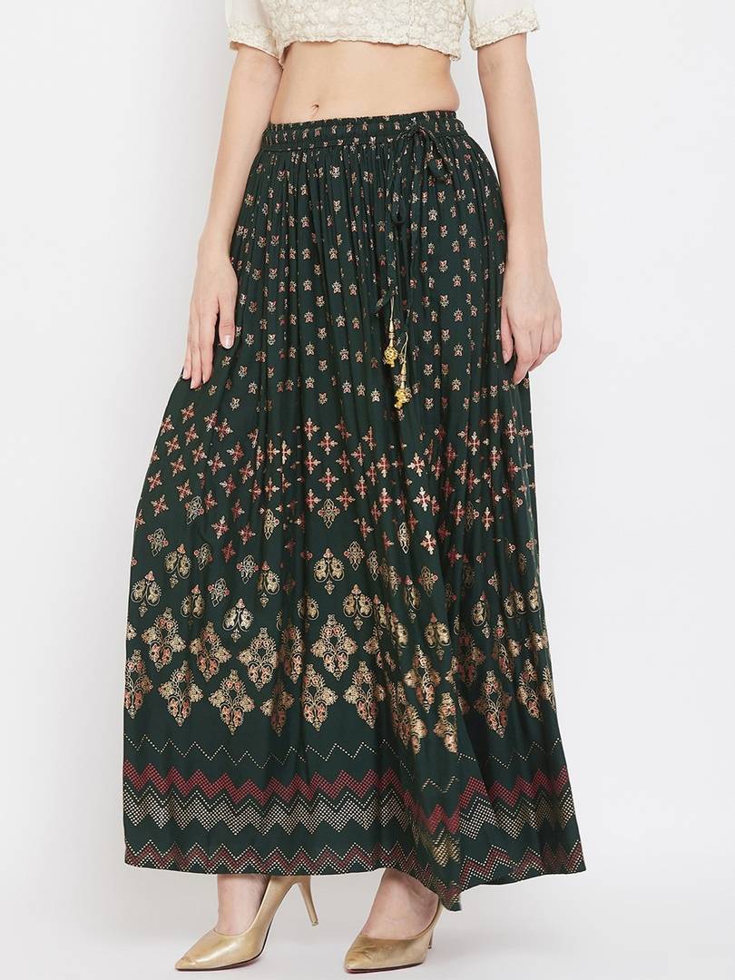 Women Green & Gold-Coloured Floral Printed Flared Maxi Skirt