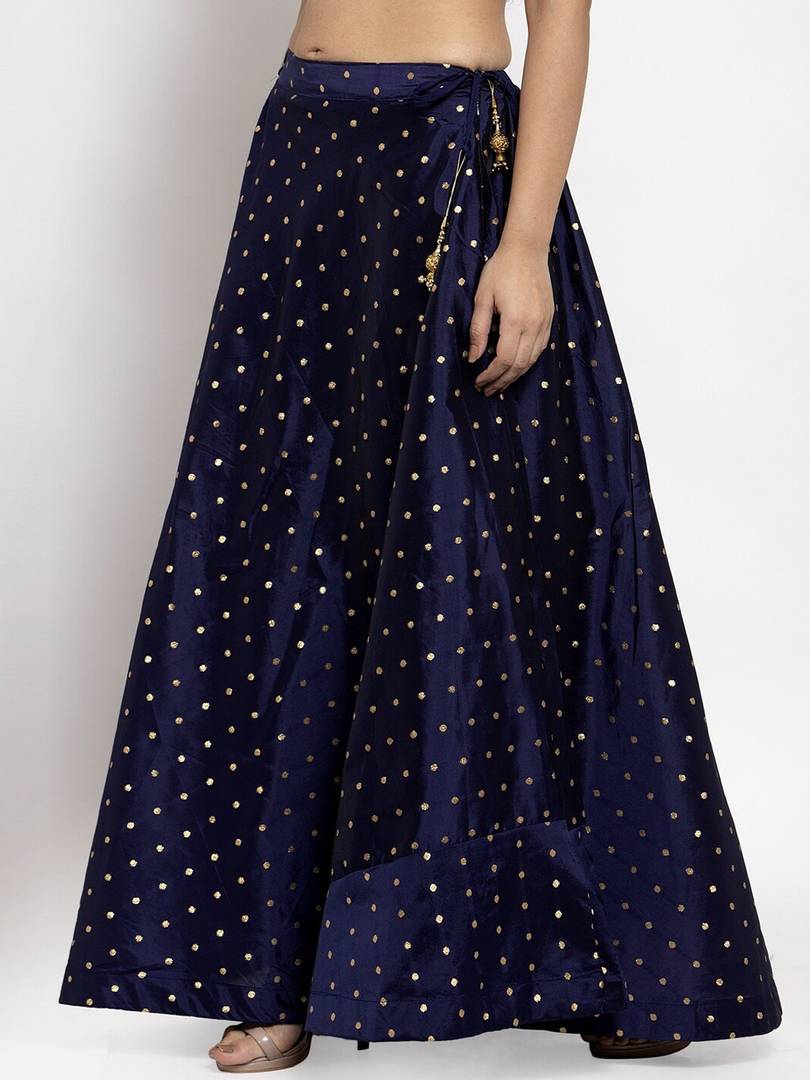 Women Navy Blue & Gold-Colour Woven-Design Flared Maxi Skirt