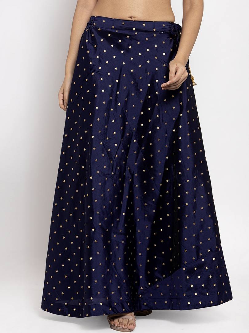 Women Navy Blue & Gold-Colour Woven-Design Flared Maxi Skirt