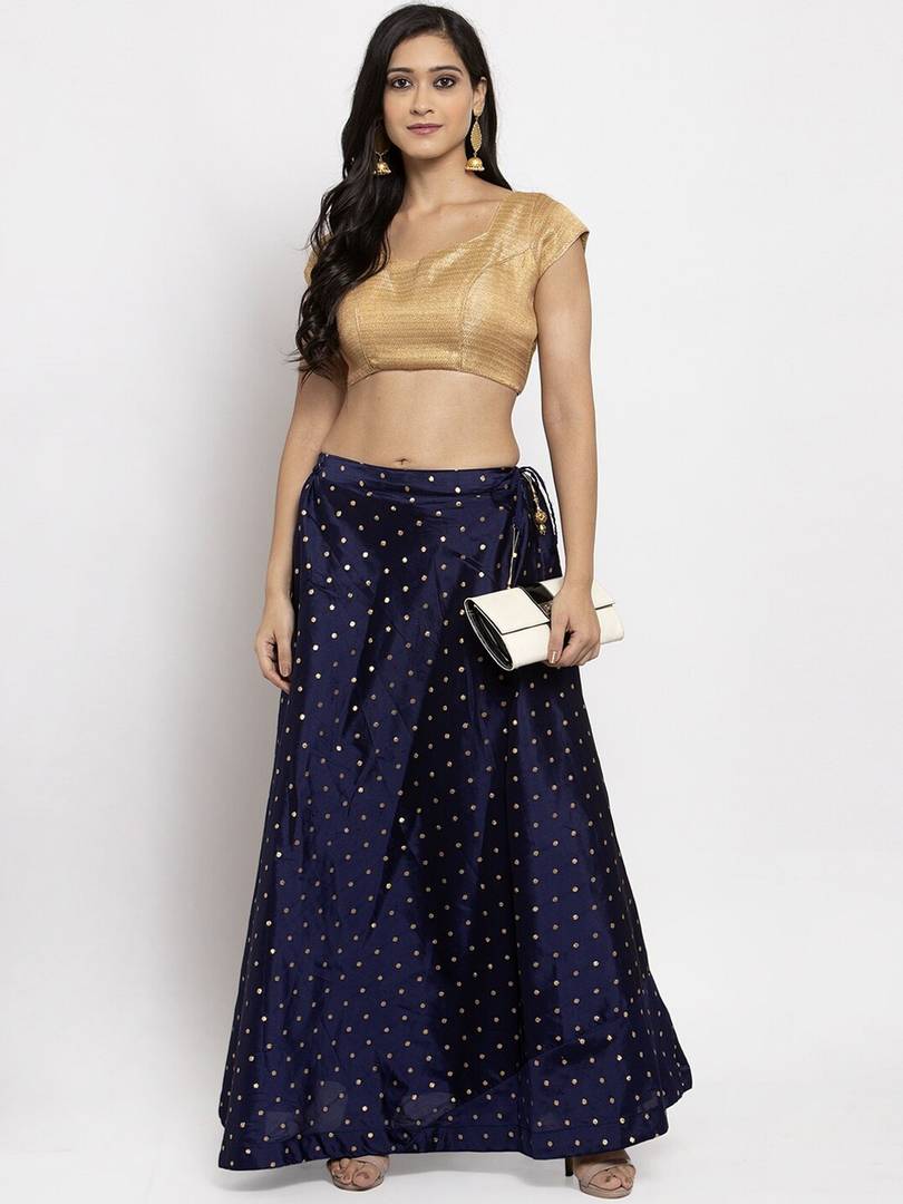 Women Navy Blue & Gold-Colour Woven-Design Flared Maxi Skirt