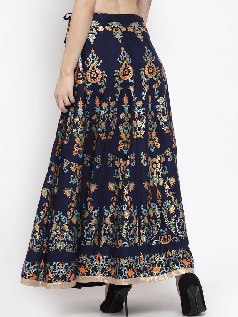 Women Navy Blue & Orange Floral Printed Flared Maxi Skirt