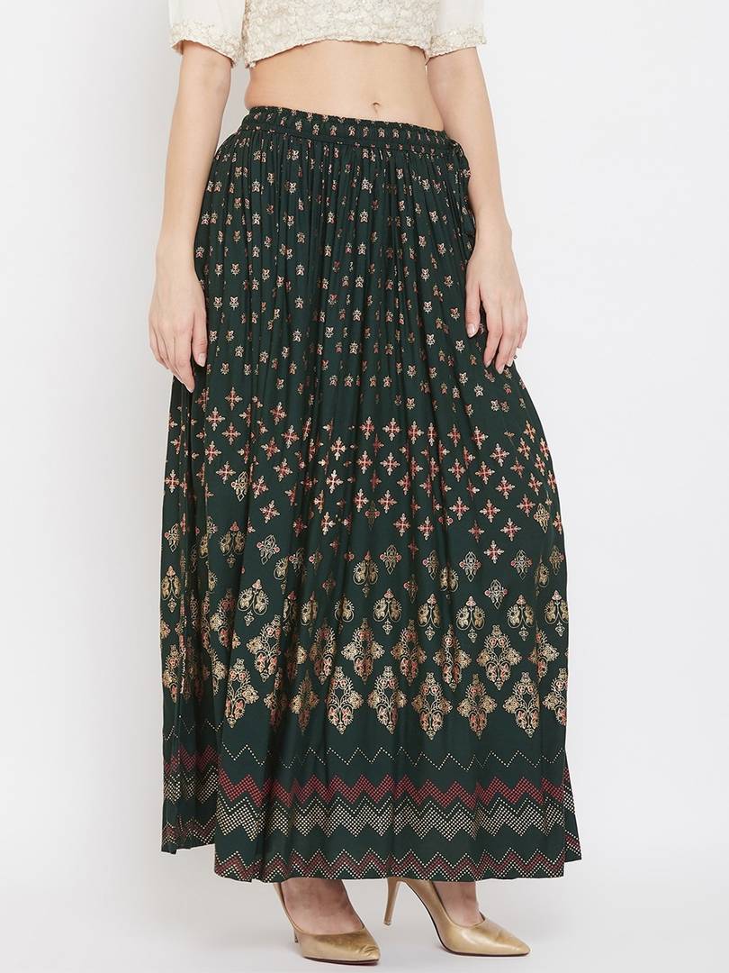 Women Green & Gold-Coloured Floral Printed Flared Maxi Skirt