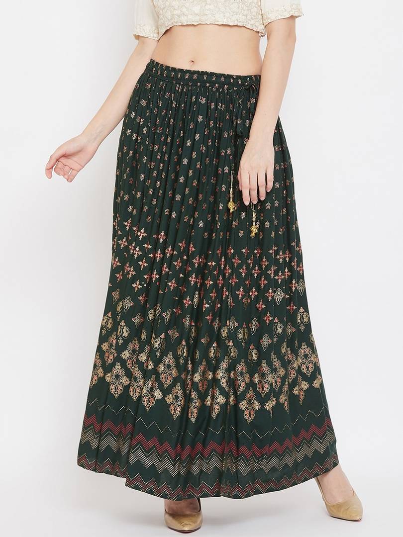 Women Green & Gold-Coloured Floral Printed Flared Maxi Skirt