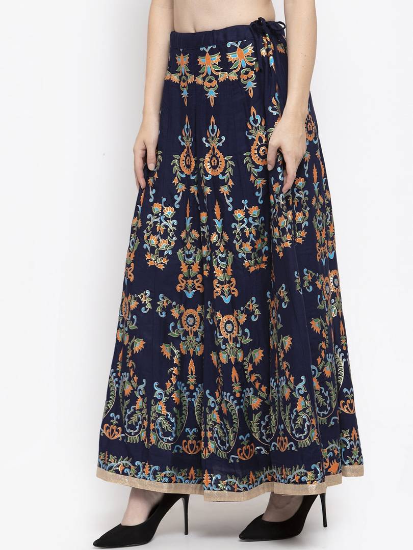 Women Navy Blue & Orange Floral Printed Flared Maxi Skirt