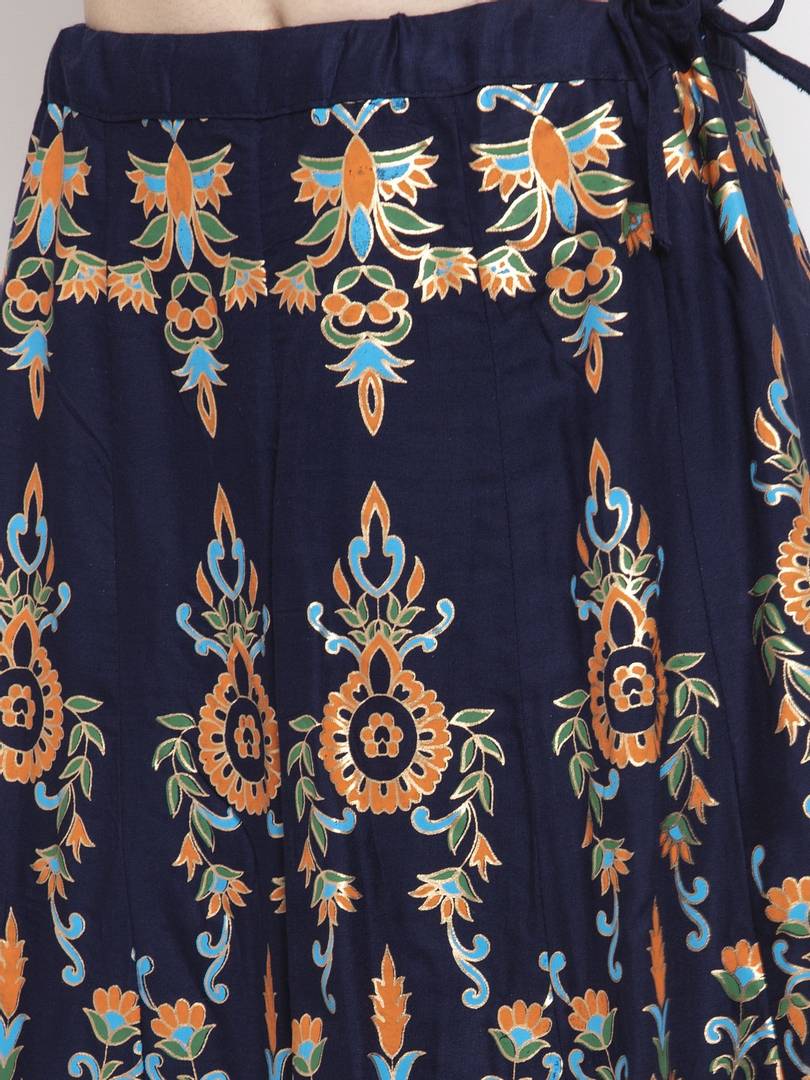 Women Navy Blue & Orange Floral Printed Flared Maxi Skirt