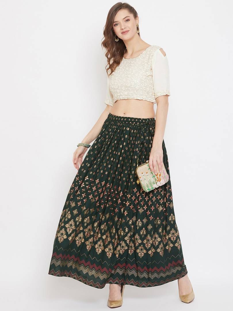 Women Green & Gold-Coloured Floral Printed Flared Maxi Skirt