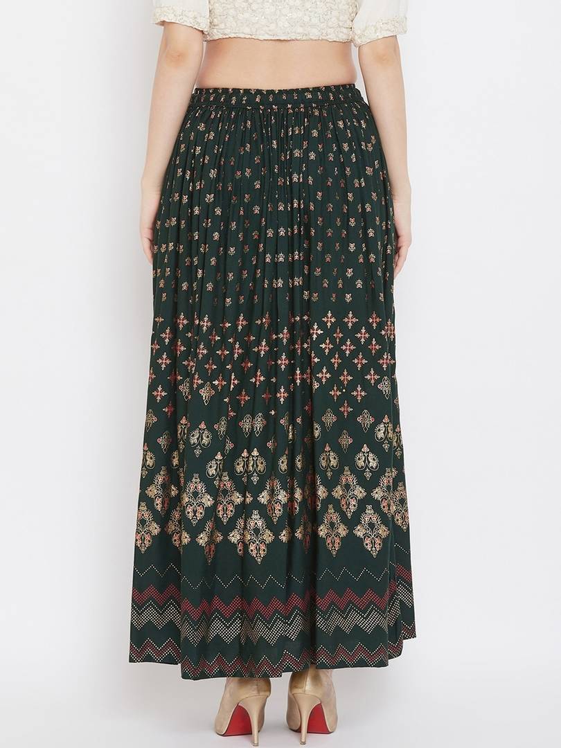 Women Green & Gold-Coloured Floral Printed Flared Maxi Skirt