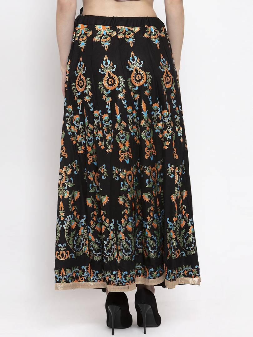 Women Black & Orange Printed Flared Maxi Skirt